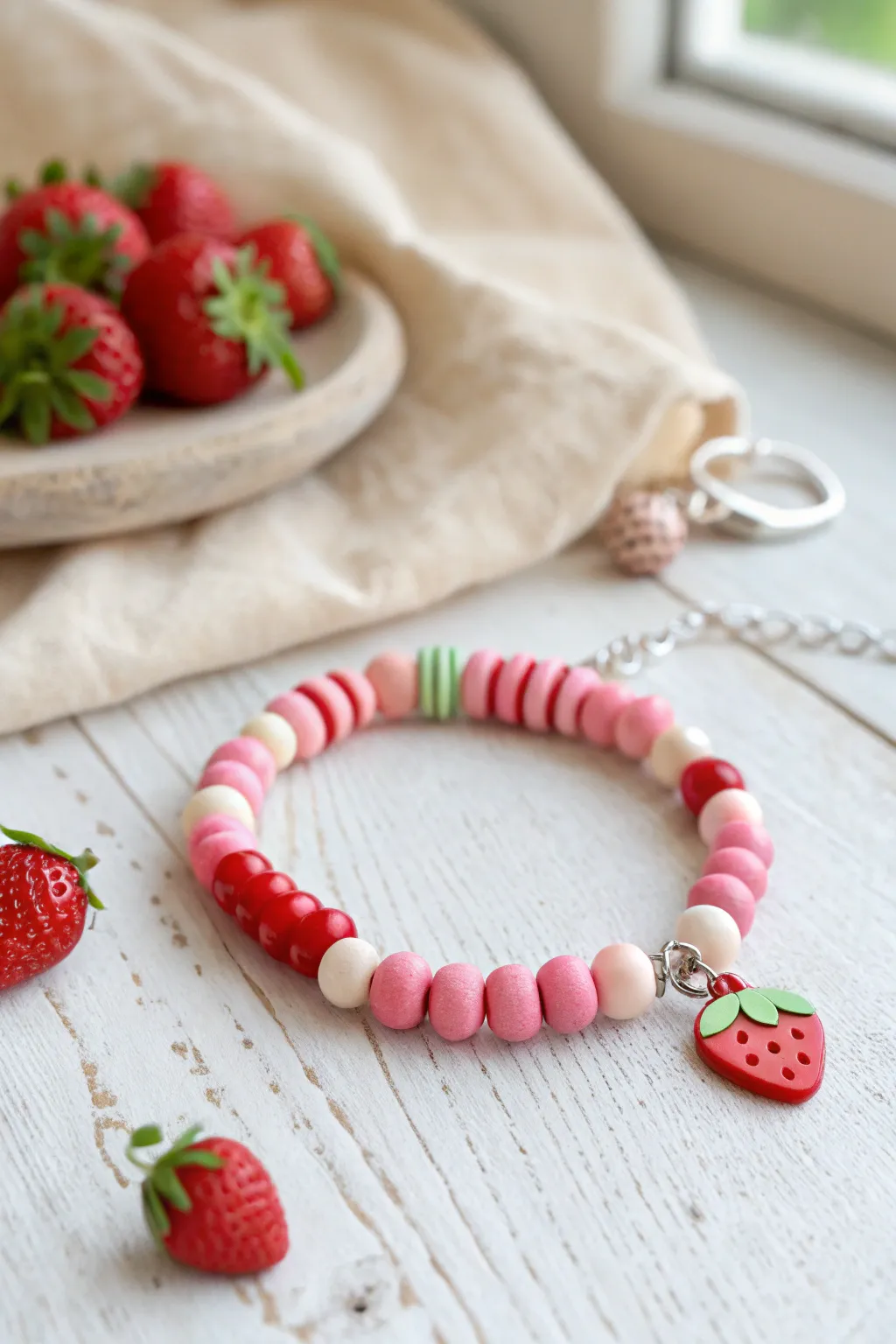Fruit charm bracelet with bright heishi beads in red, pink, and green, minimalist styling.