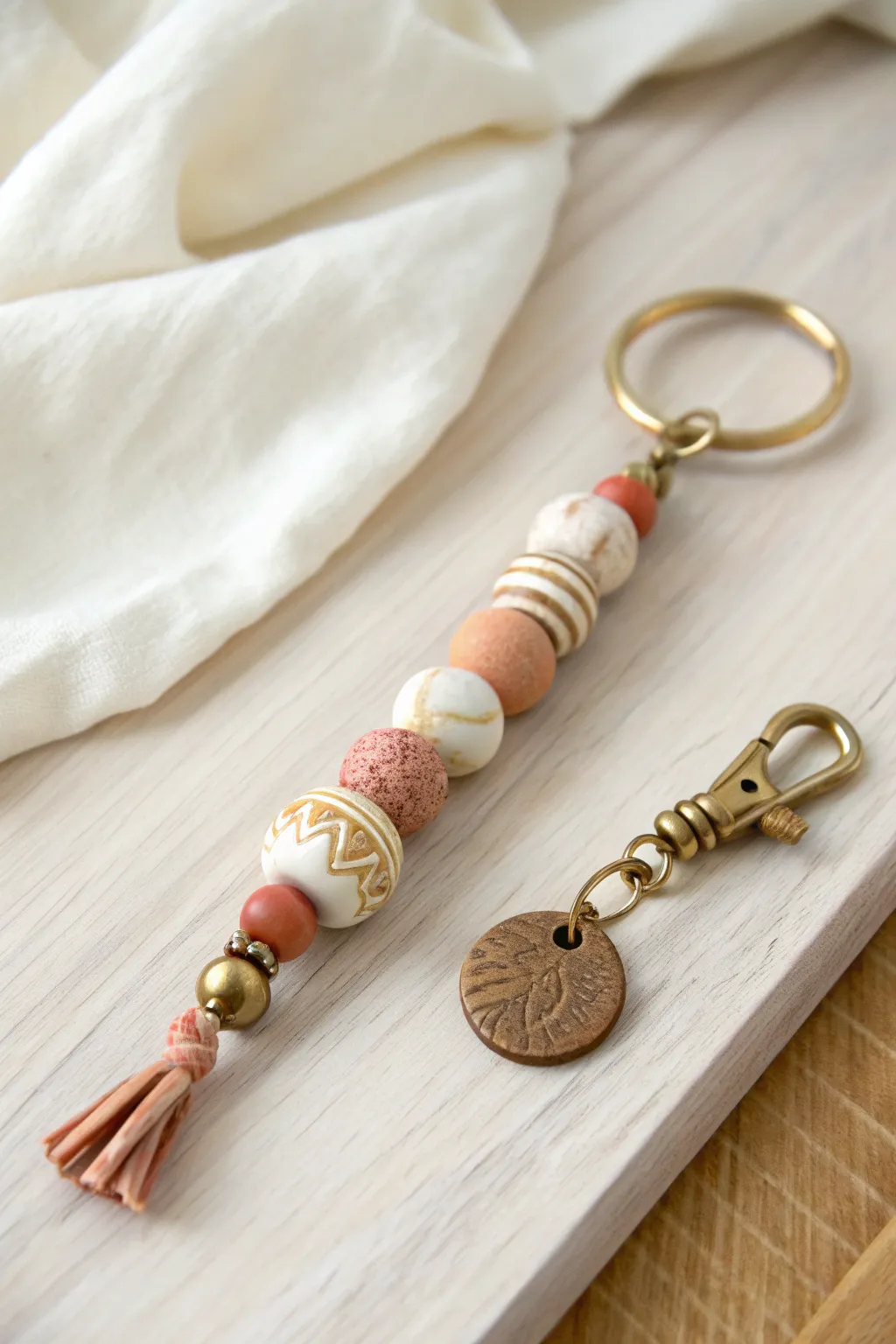 Marbled clay bead keychain in blush and ivory with a matching charm, minimalist boho style.