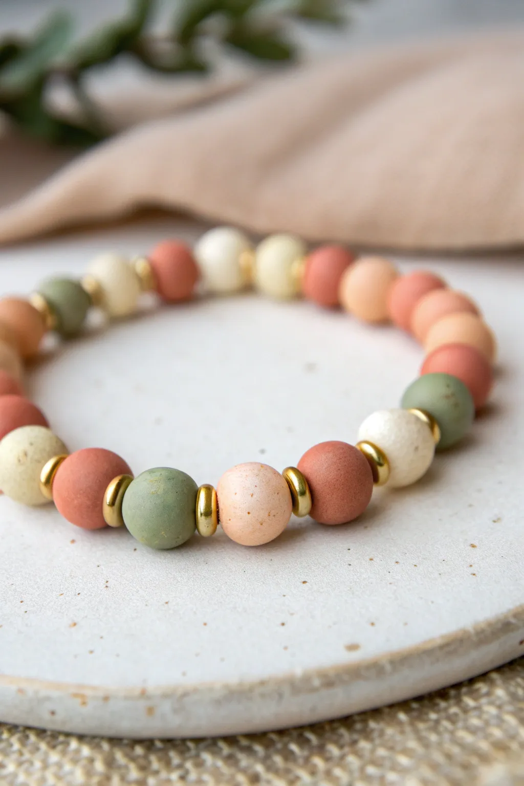 Gold spacer beads punctuate each color change, turning simple clay beads into a chic pattern.