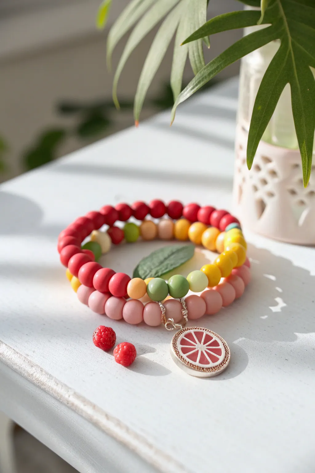 Juicy clay bead charm stack with a tiny fruit-slice pendant, sunny minimal summer vibe