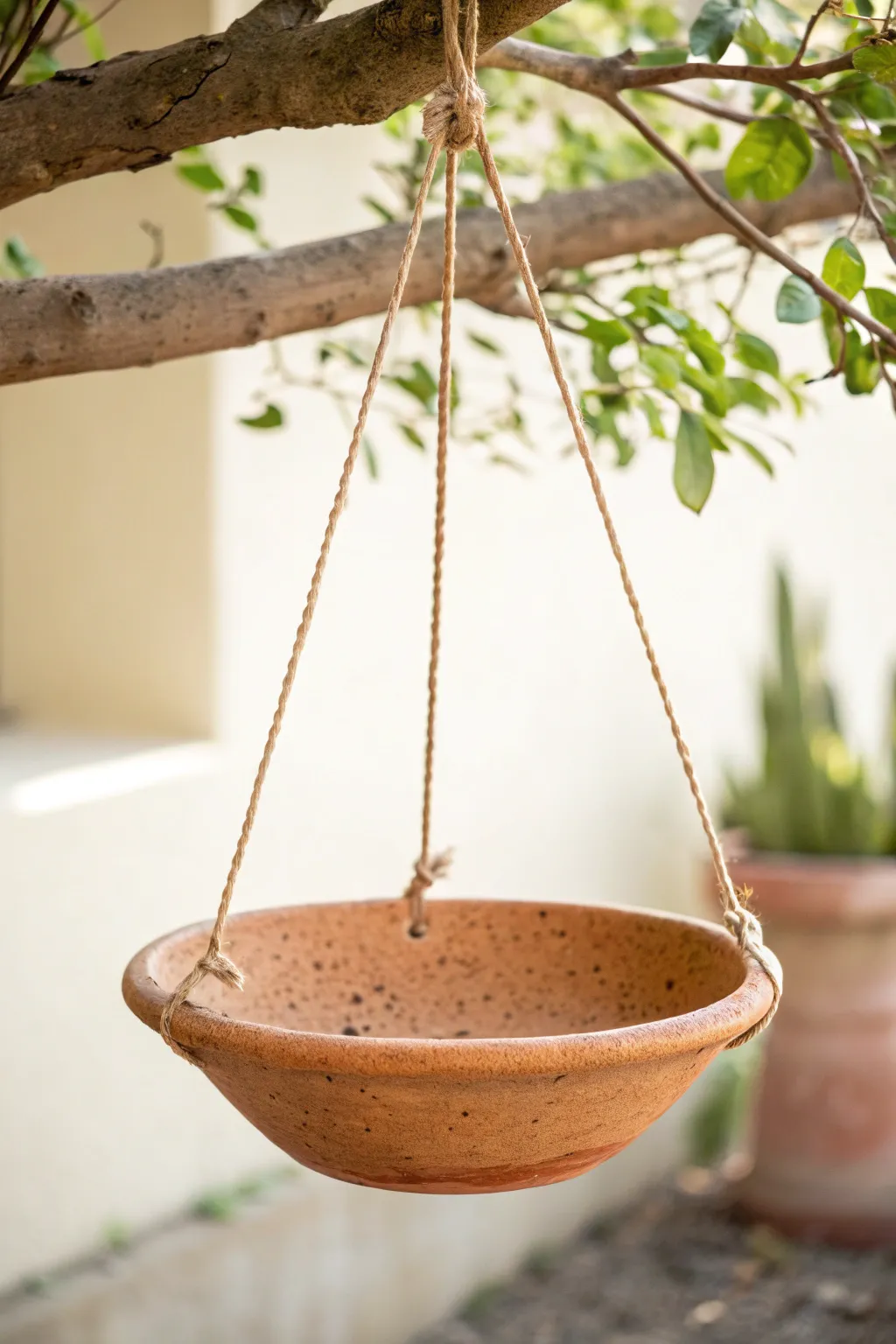 Minimal hanging clay bowl feeder with a built-in loop, rustic texture, and calm Nordic style.
