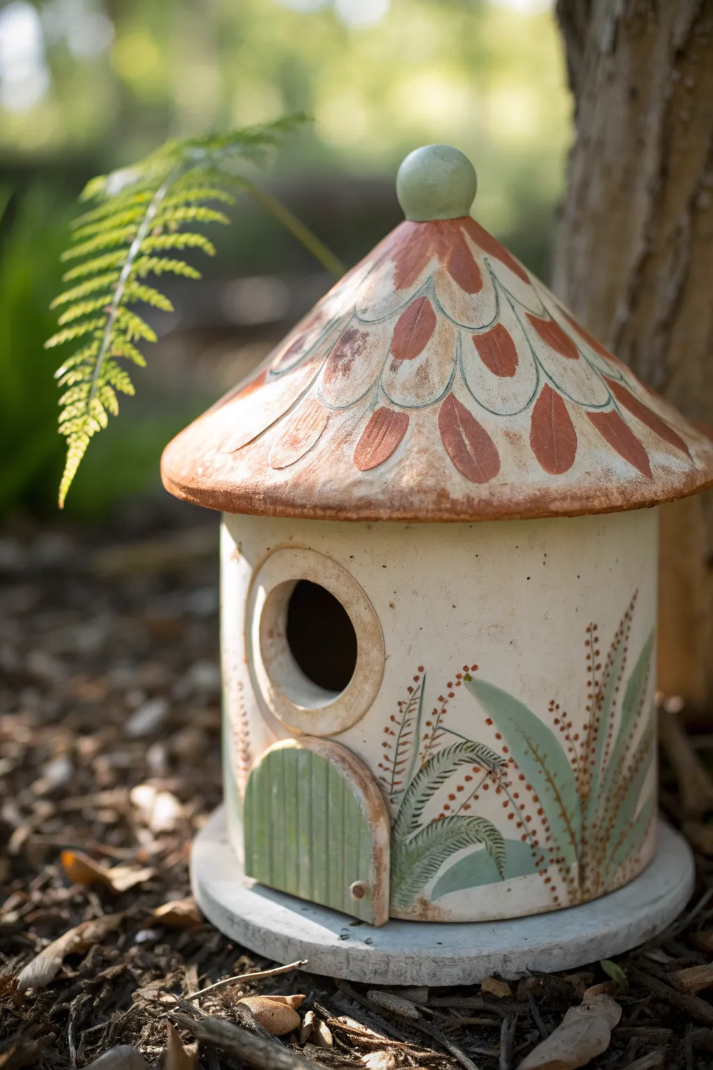 Mushroom-cap ceramic birdhouse in warm earthy tones, simple, charming, and garden ready.