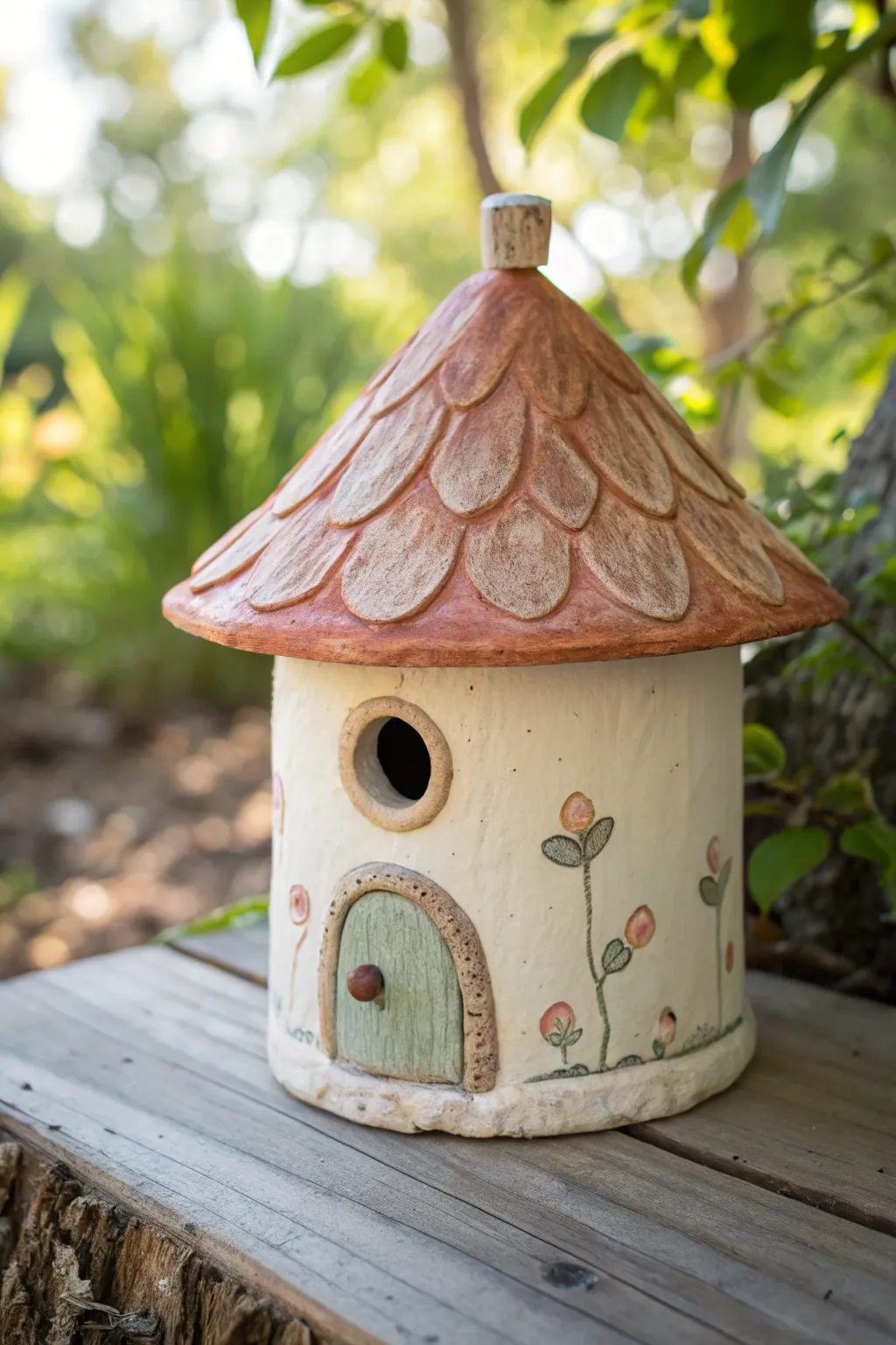 Fairy mushroom roof clay birdhouse nestled in greenery, simple glaze, handmade charm.
