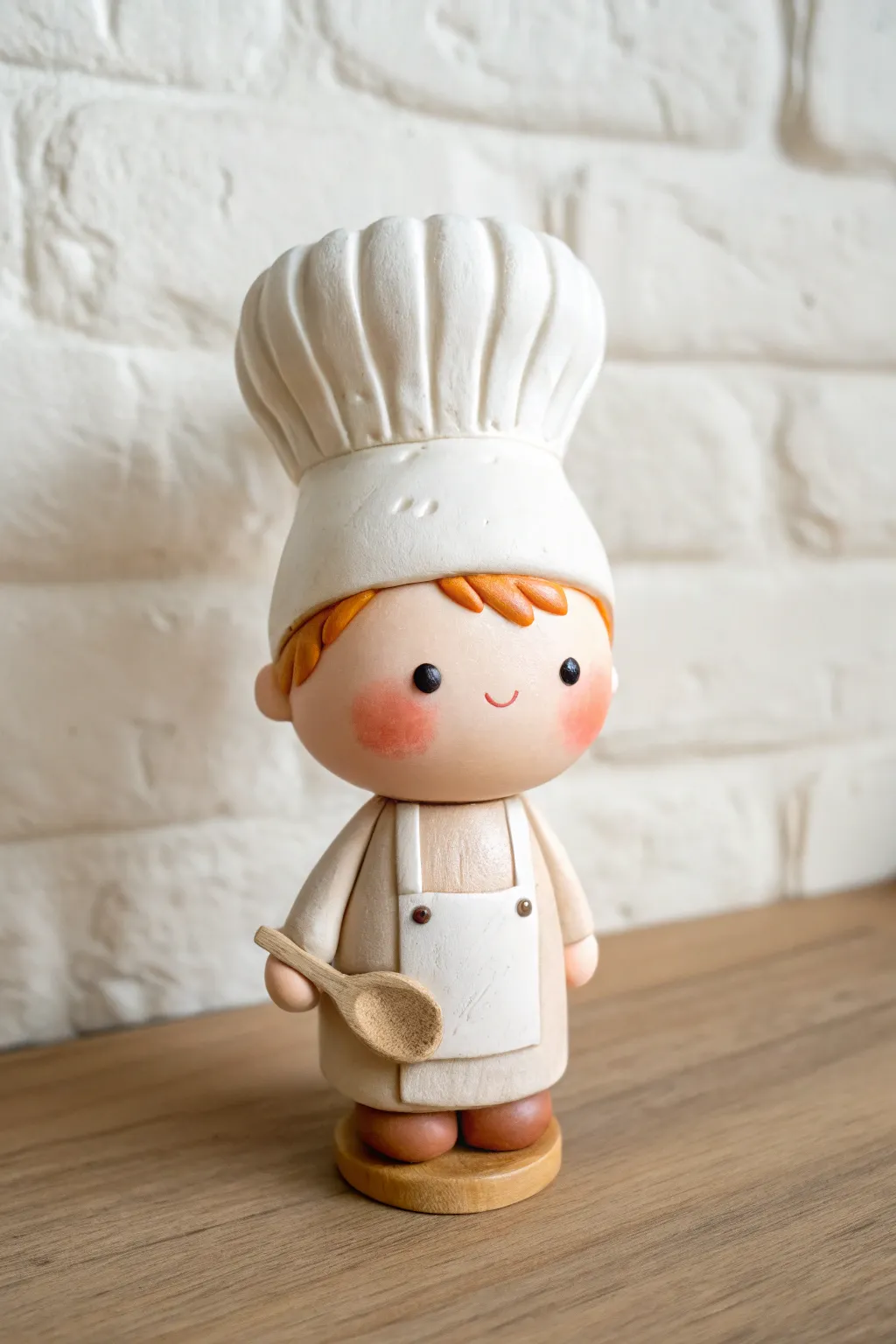 Sweet little chef clay bobblehead with puffy hat and spoon, simple and charming