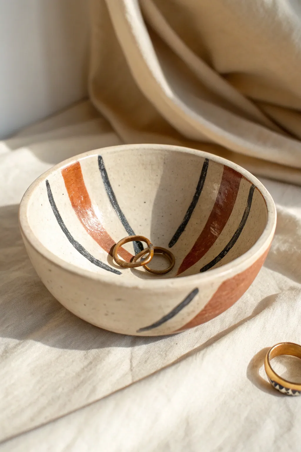 Minimal geometric stripe clay bowl with a statement ring, modern Scandinavian-boho contrast.