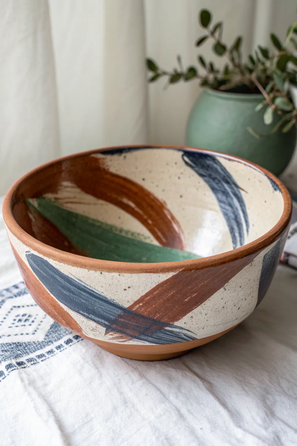 Bold abstract brushstrokes turn a simple clay bowl into a modern, boho statement piece.