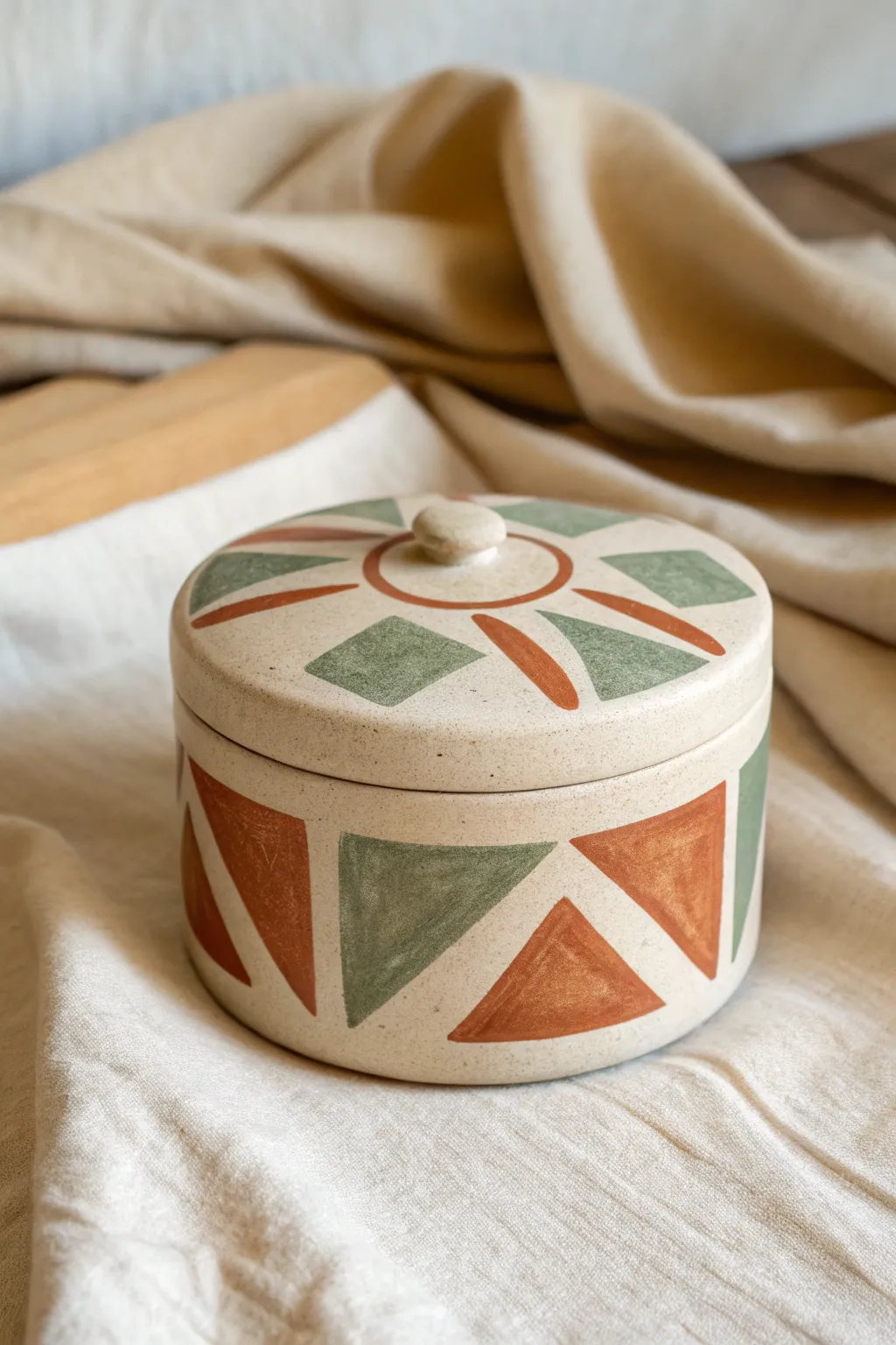 Modern clay box with bold geometric color-blocking for a clean Scandinavian-boho look