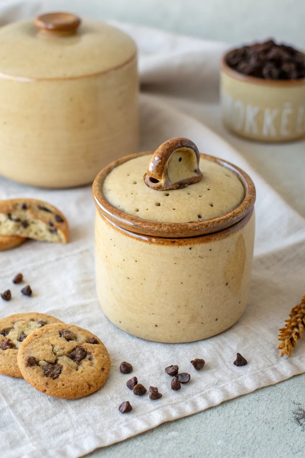 Sweet mini clay box with a bite-mark cookie handle, minimalist and cozy on a neutral backdrop