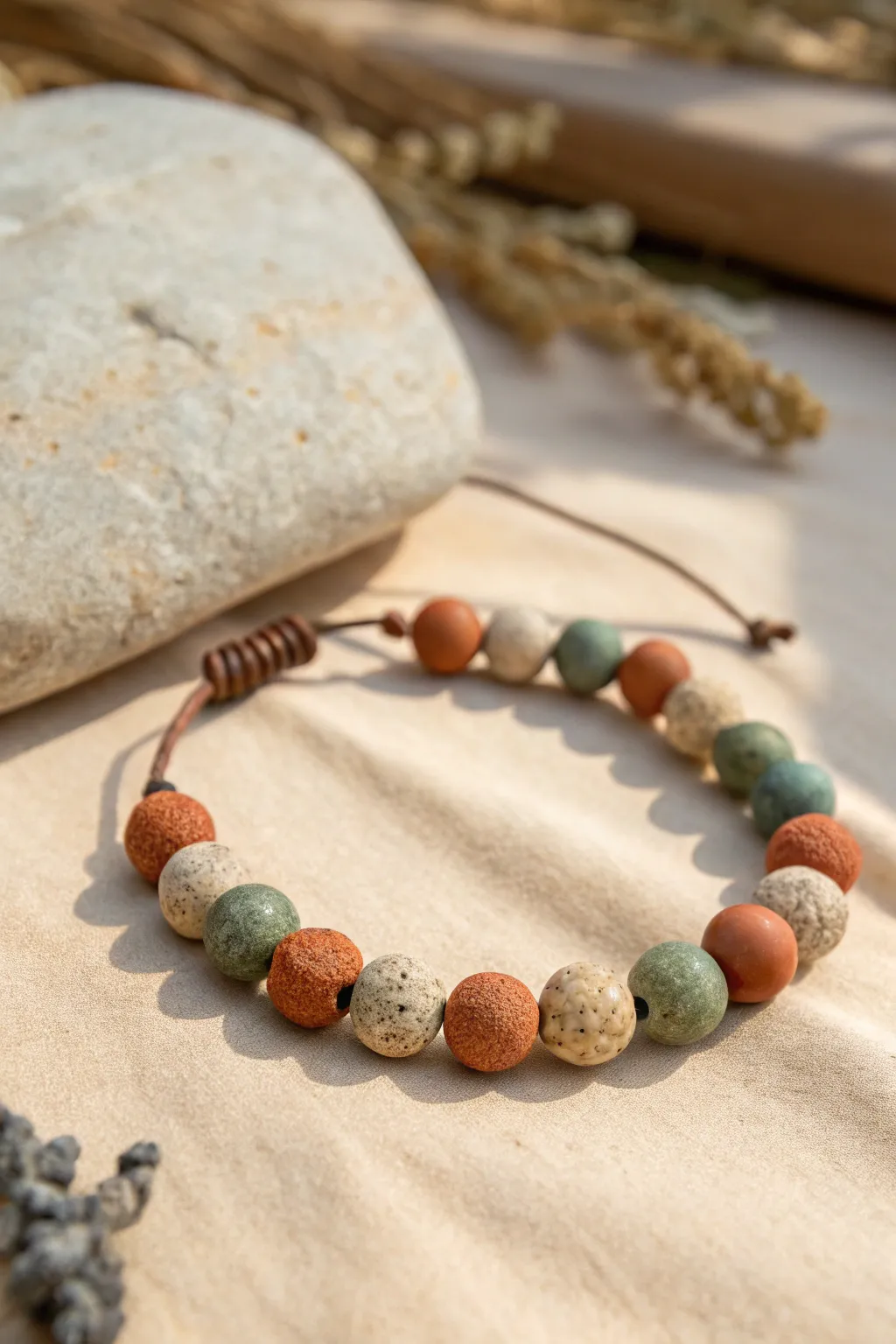 Earth-tone clay adventure bracelet with handmade matte beads, styled with a smooth river rock