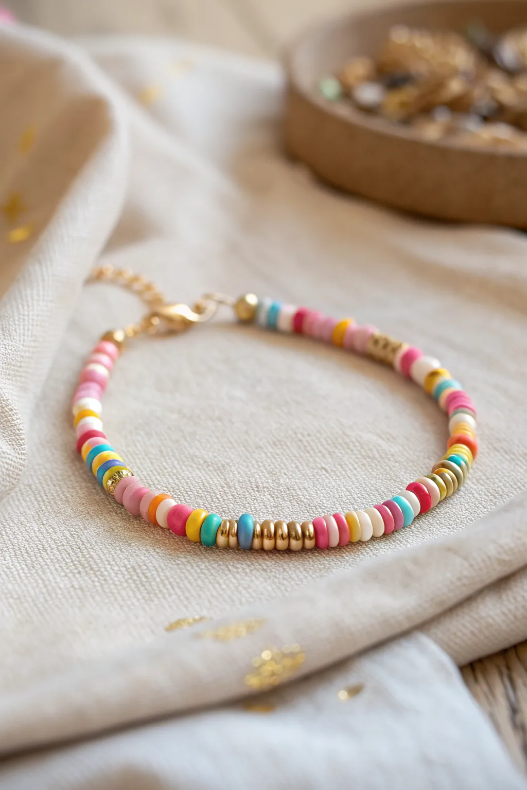 Confetti heishi clay bracelet with gold spacers, bright pops against a calm minimal wrist stack