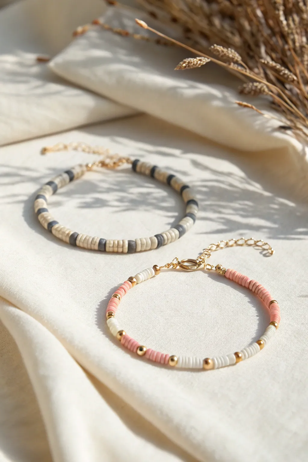 Morse-code inspired heishi bracelet with dot and dash accents, minimalist Scandinavian boho