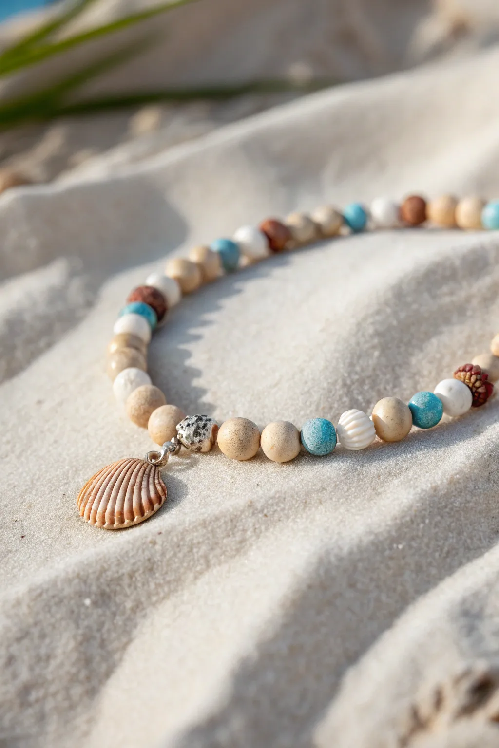 Shell and star clay bead bracelet in sandy neutrals and ocean blues, beachy minimalist mood.