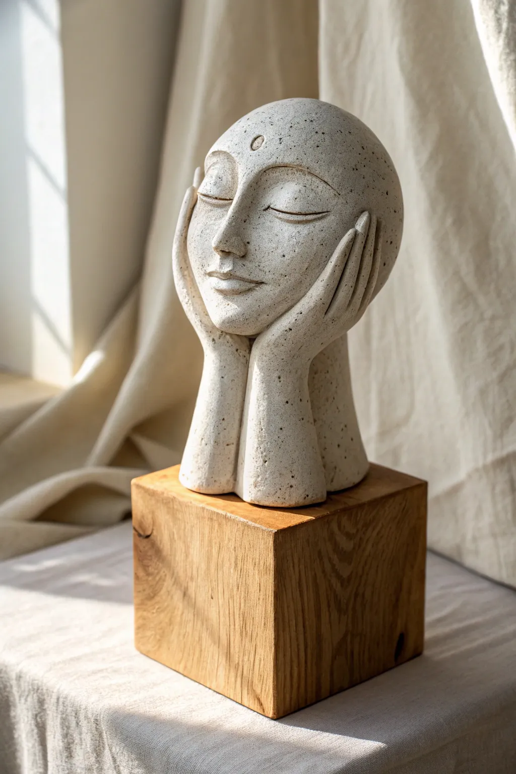 Sweet minimalist clay bust with chunky hands framing the face, softly lit for cozy contrast