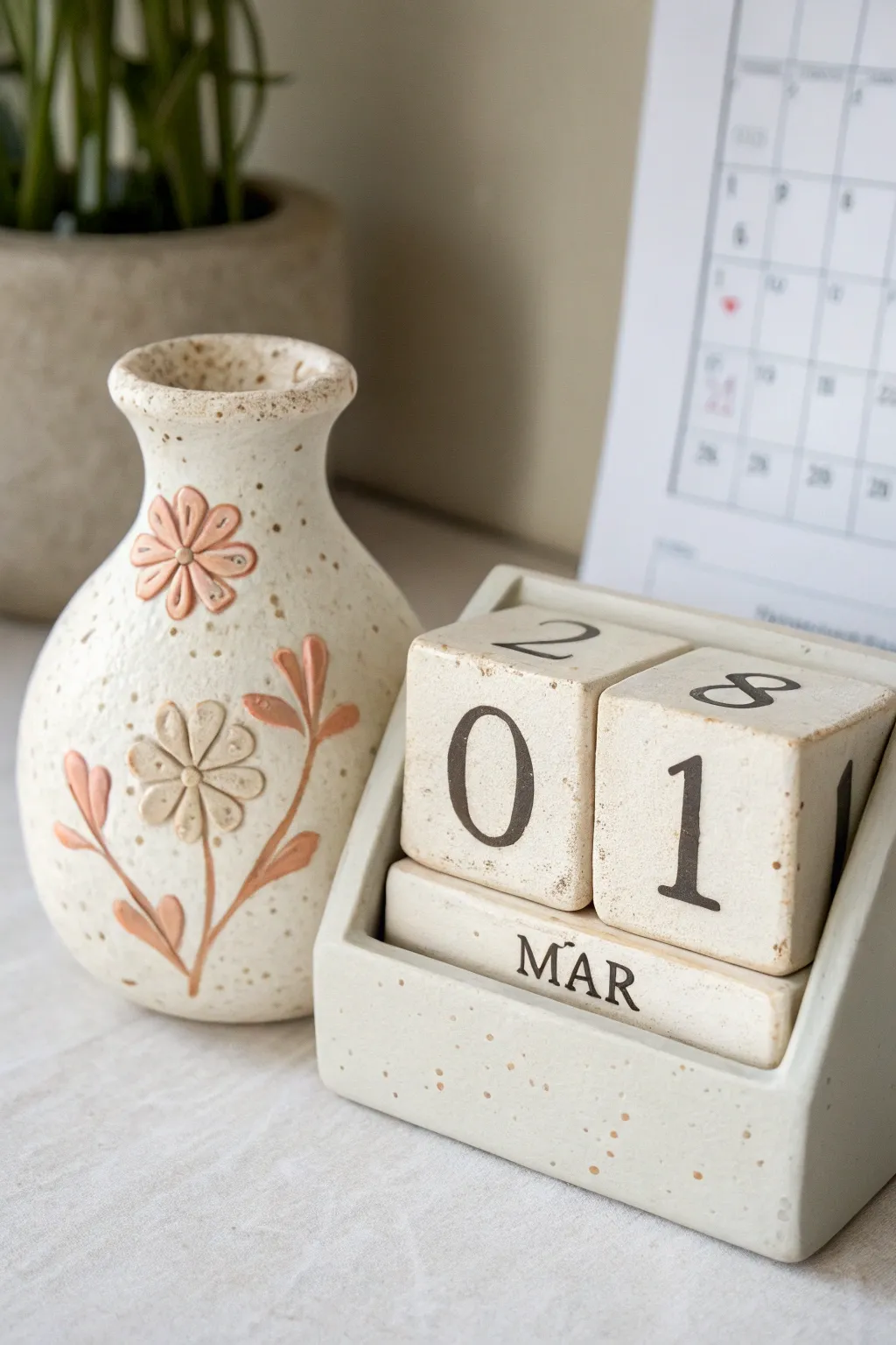 Minimalist clay bouquet vase with date cubes and month tile, perfect for a handmade calendar.
