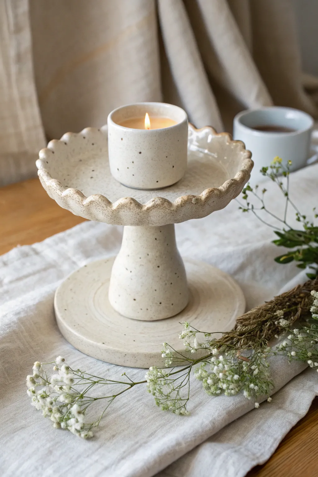 Scalloped pedestal tea light stand: a sweet cake-stand look with cozy, handmade charm