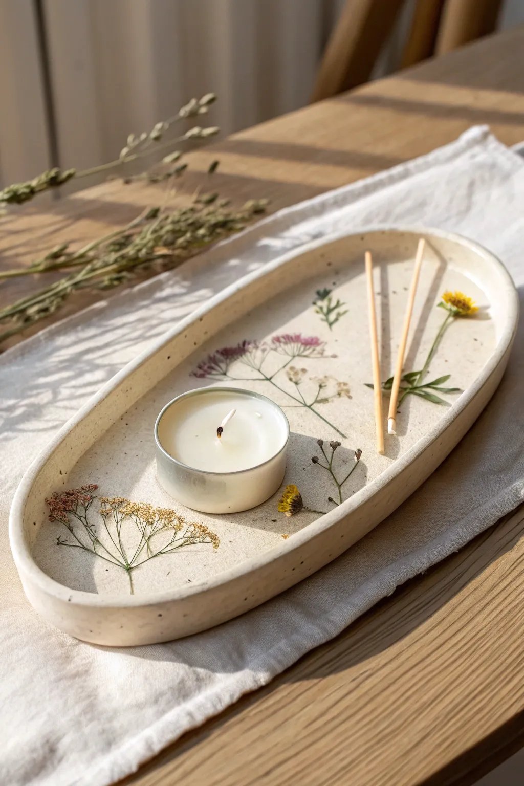 Wildflower-pressed clay candle tray with a tea light and matchsticks, minimalist boho charm.