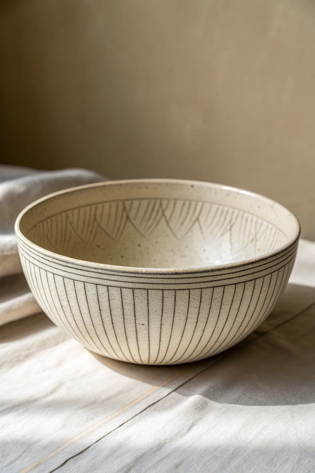 Calm mishima slip inlay lines on a low bowl, crisp contrast and easy carving inspiration