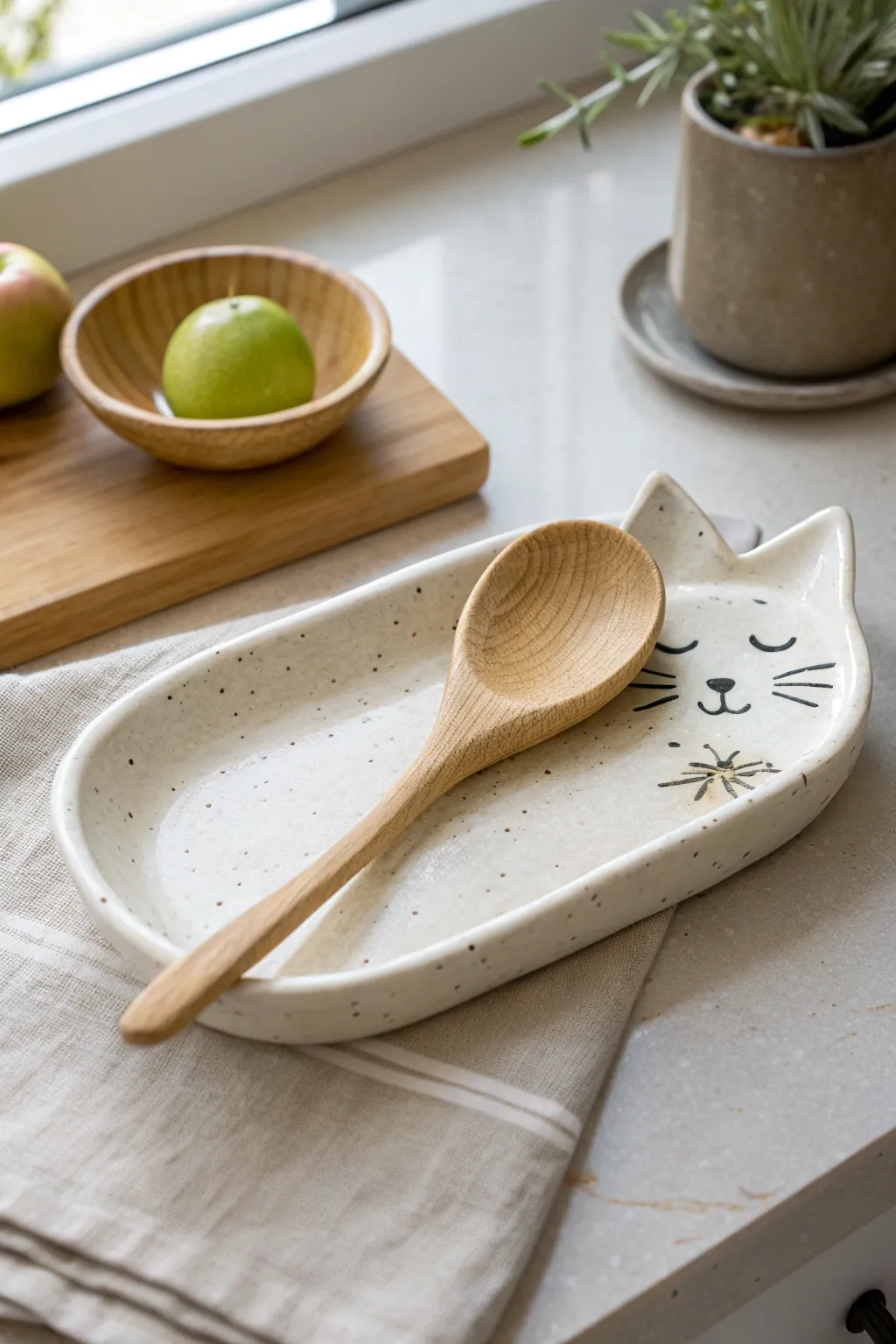 Minimalist ceramic cat spoon rest with a cozy dip, styled in soft Scandinavian light