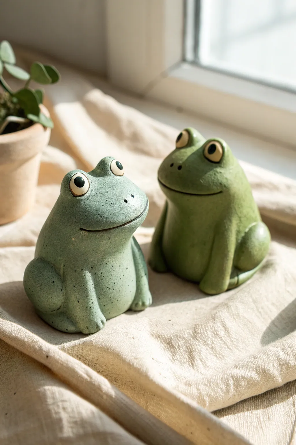 Minimalist clay frog buddies in soft greens, an easy character idea with cozy Scandinavian boho charm