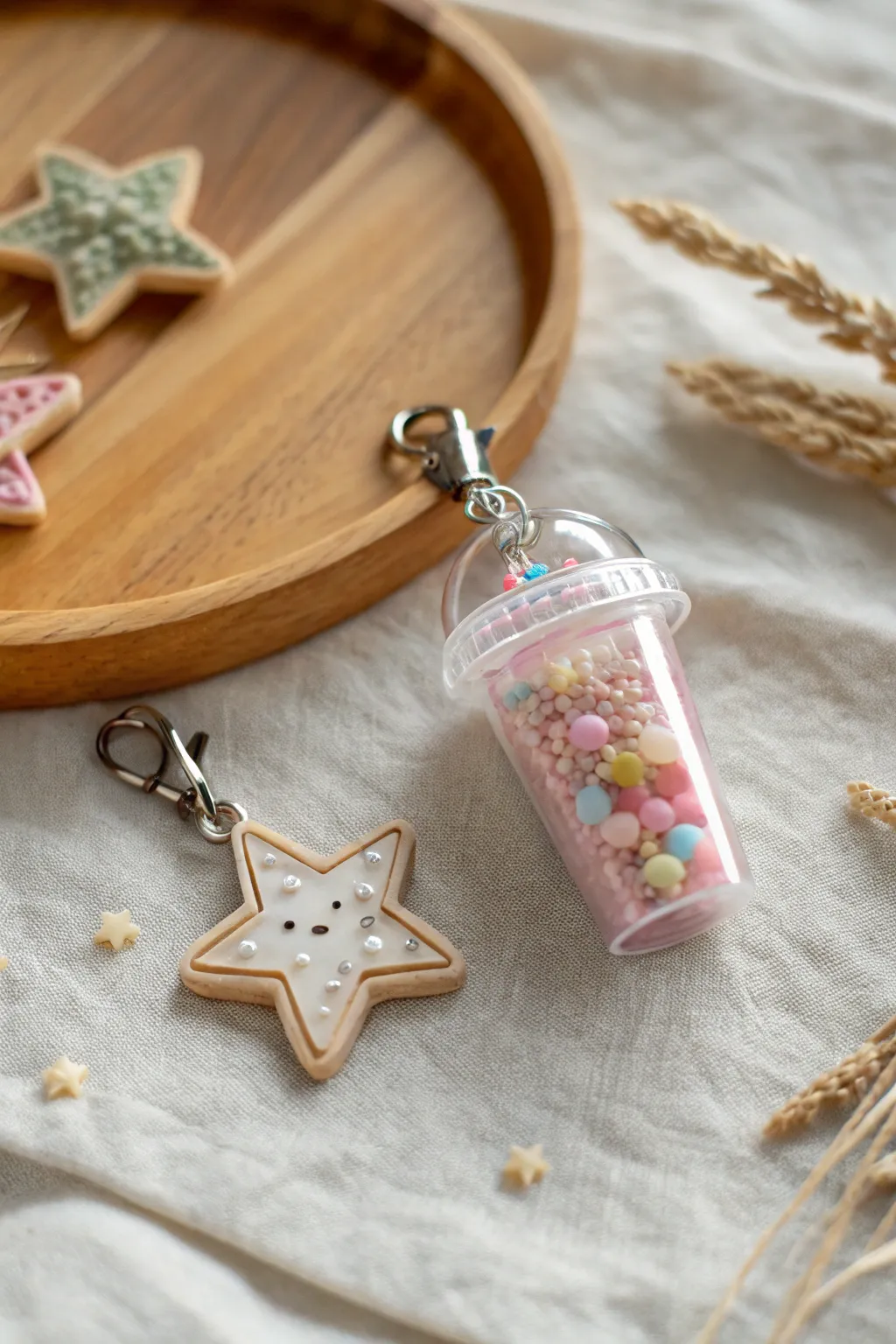 Sweet shaker clay charms with floating sprinkles, styled in soft minimalist tones for Pinterest.