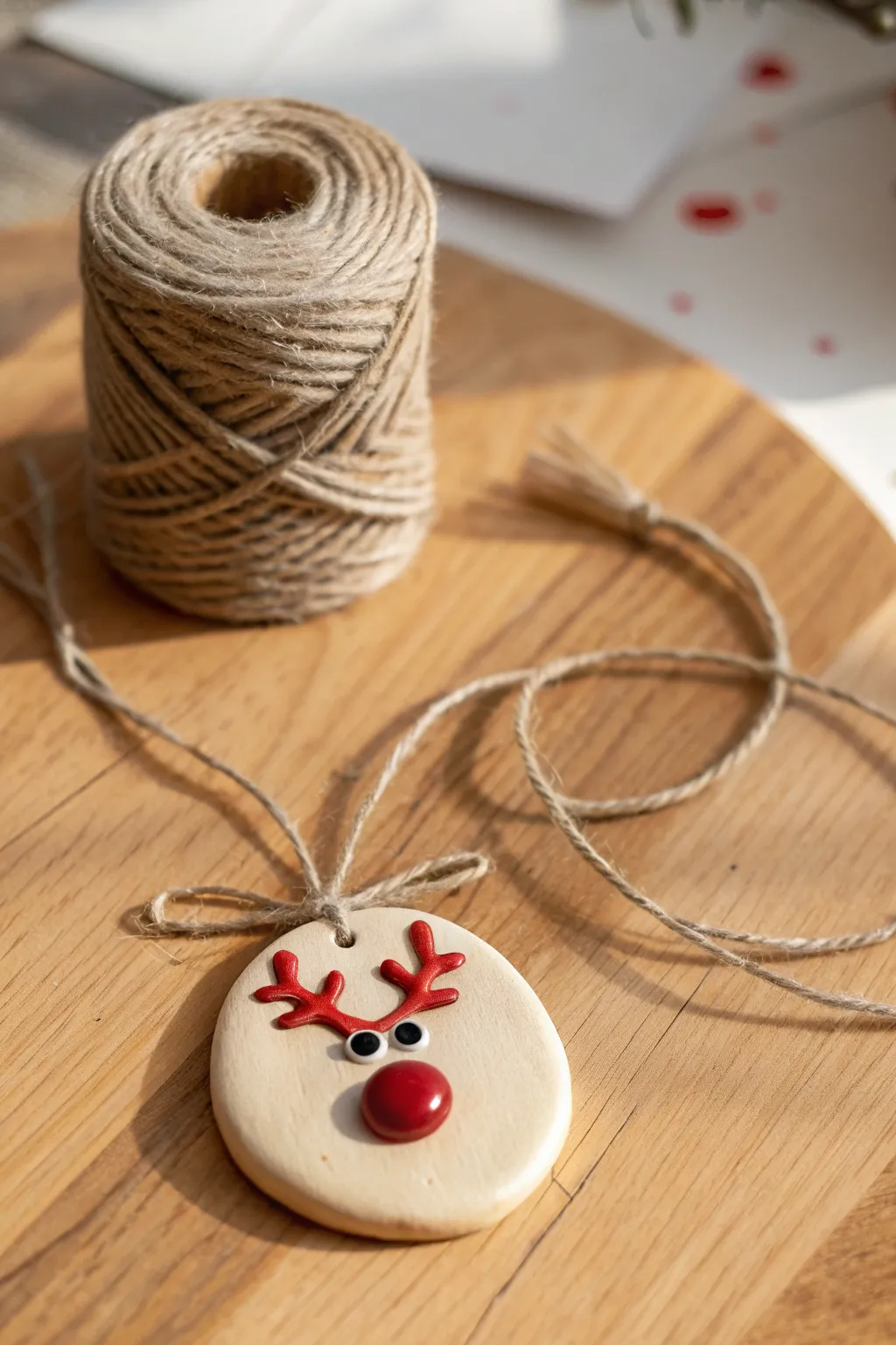 Minimal clay reindeer ornament with a bright red nose, ready to hang for Christmas.