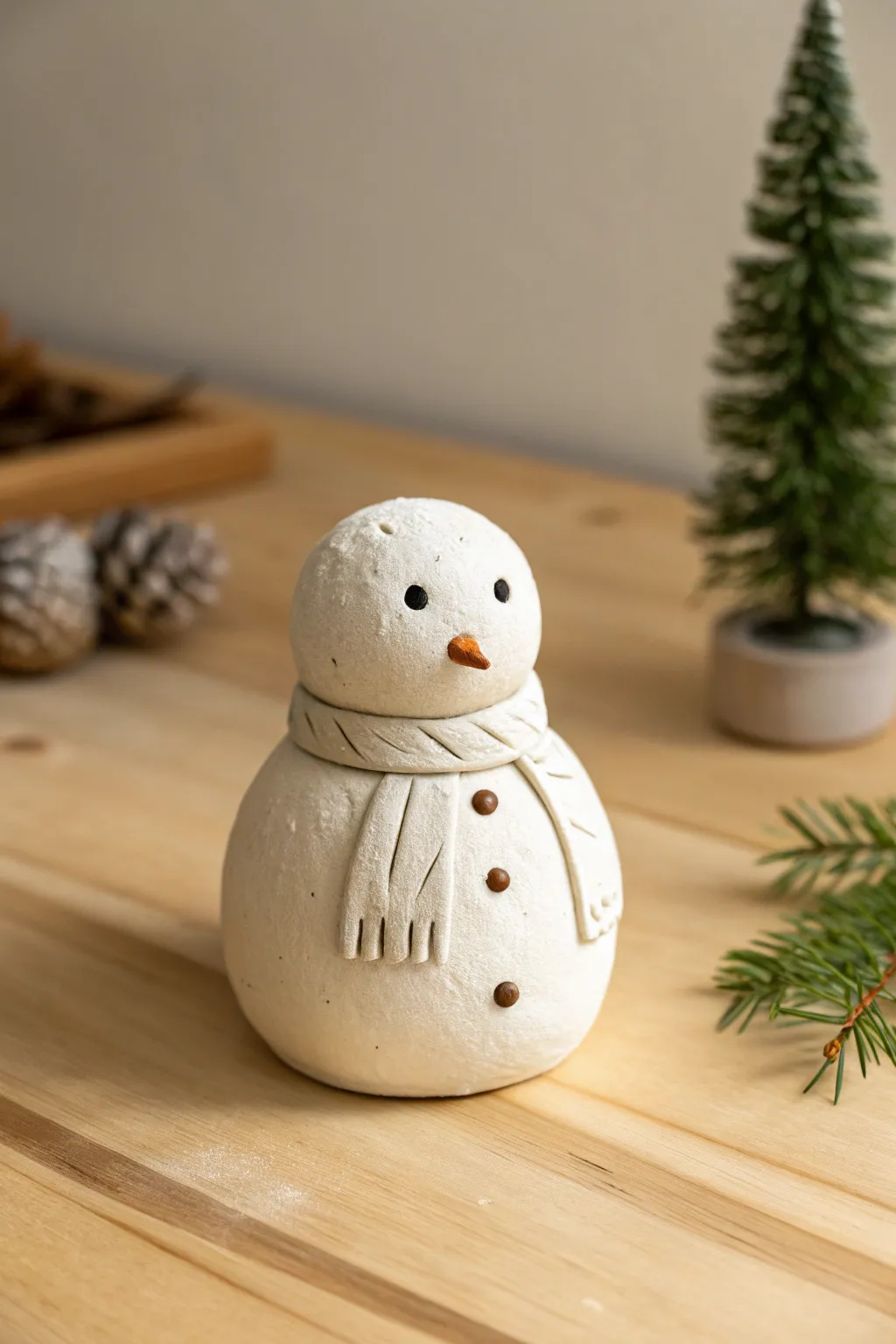 Sweet little clay snowman desk buddy, minimalist and cozy for easy handmade Christmas gifting.