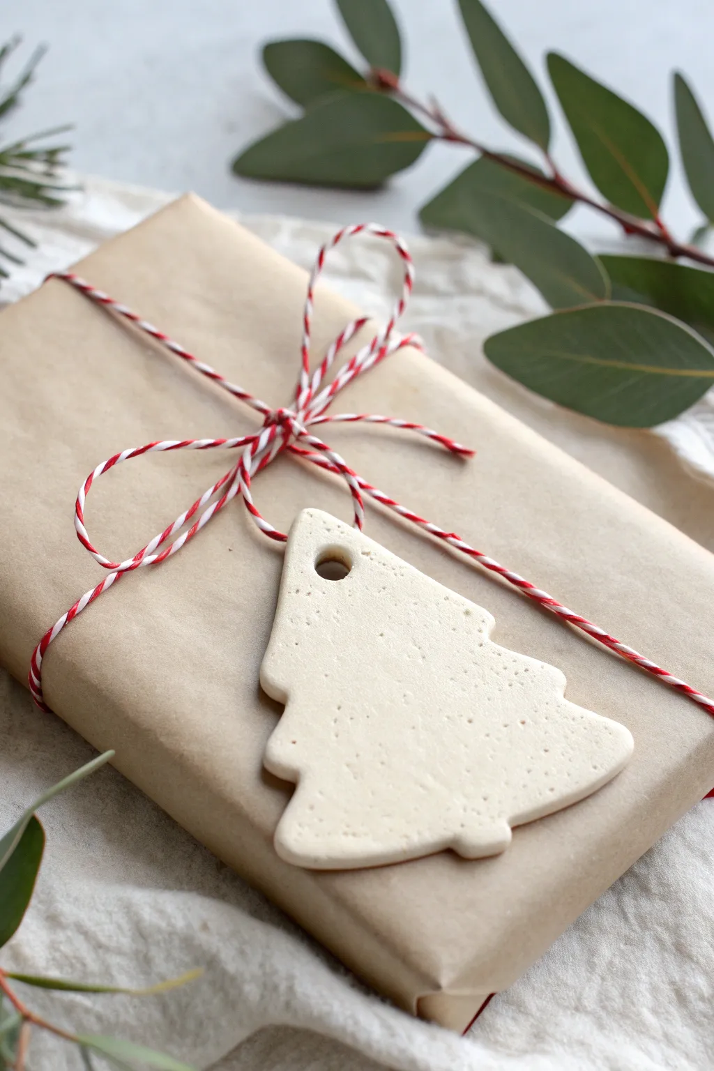 Minimal clay tag ornament with handwritten-style mark and twine, styled on neutral gift wrap.