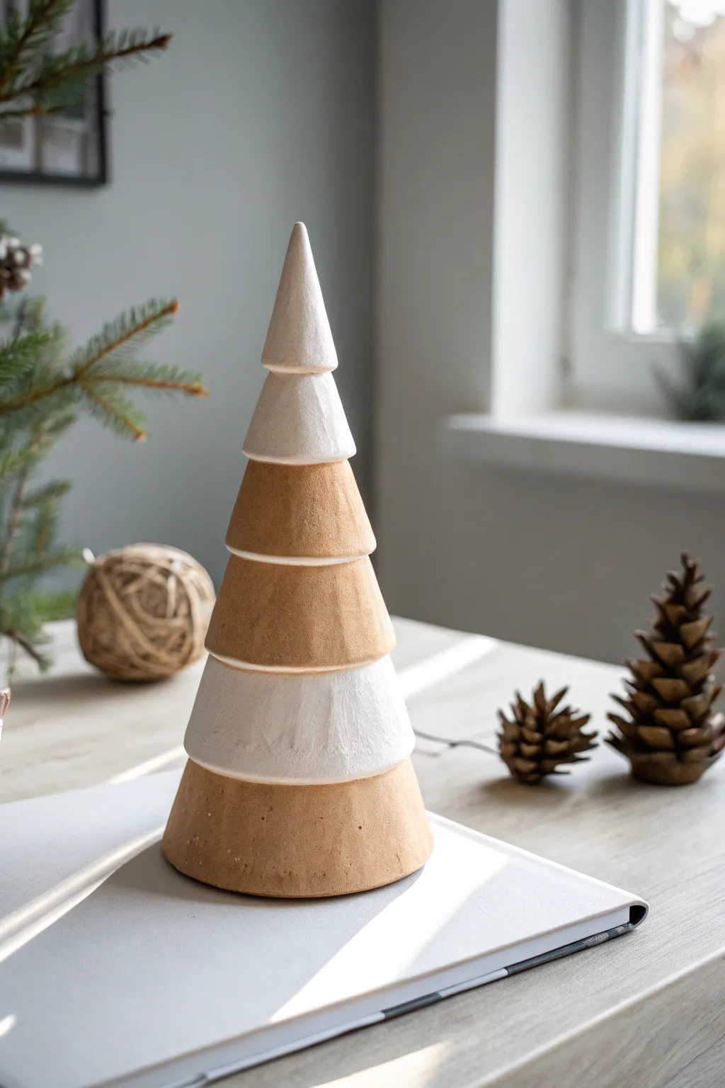 Minimal clay cone tree with snowy dipped base, Scandinavian calm with a hint of boho charm.