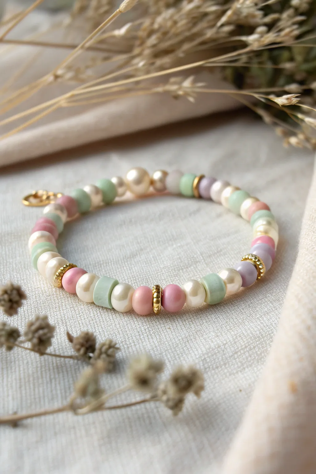 Pearl and pastel heishi clay beads paired in a minimalist bracelet with an airy boho feel.