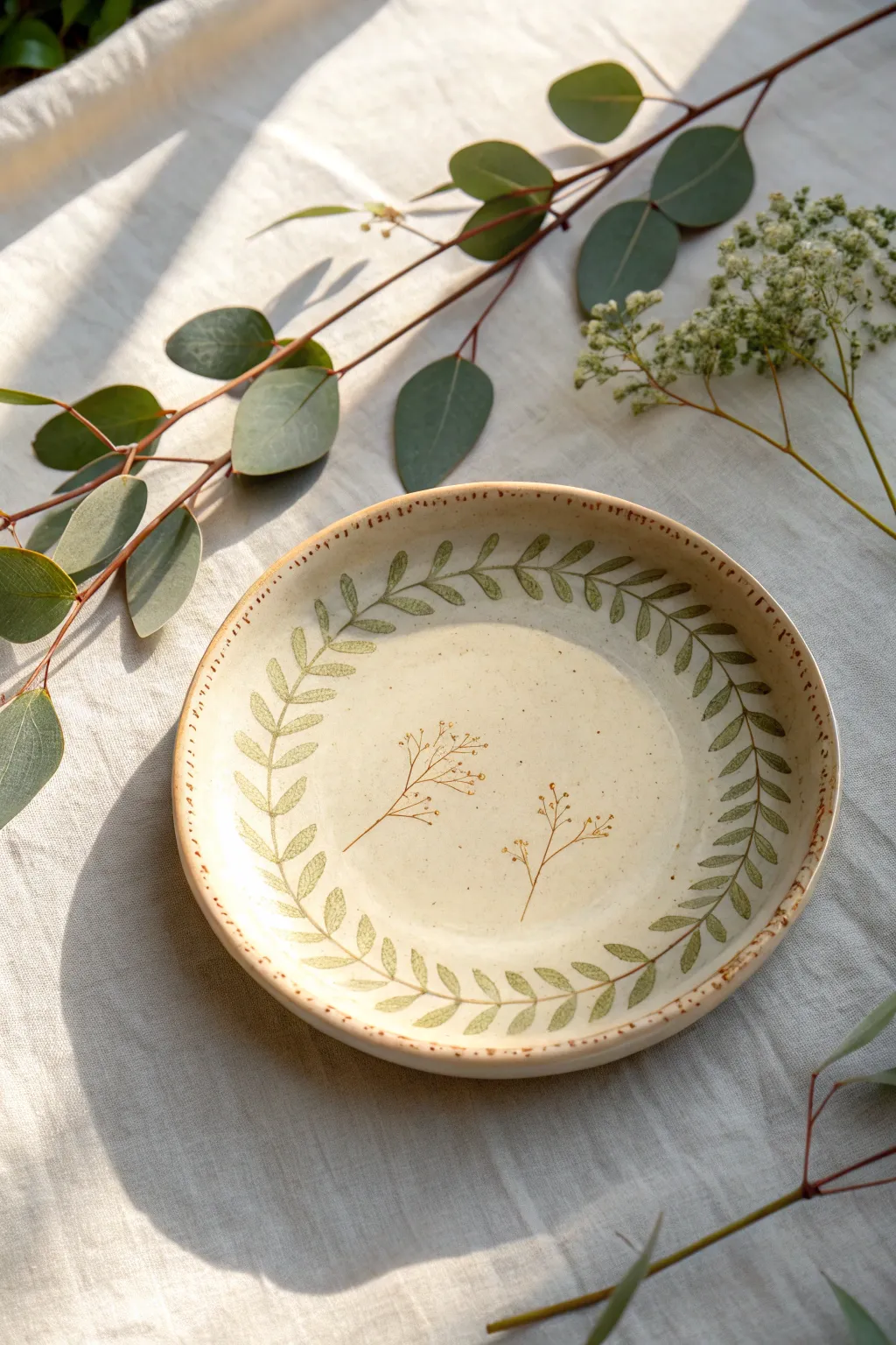 Stamped botanical clay plate with a soft glaze and fresh greenery, calm minimalist-boho mood.