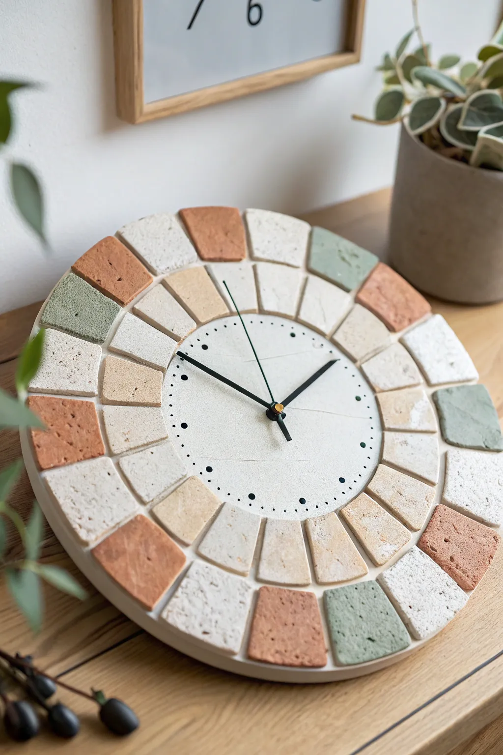 Soft mosaic clay clock with sunburst tiles and clean hour points, minimalist boho charm.