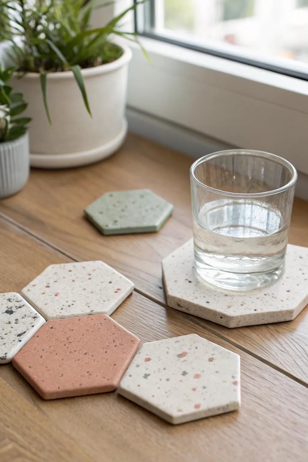 Geometric hexagon clay coasters in soft neutrals, fanned like tiles with a tumbler for scale.