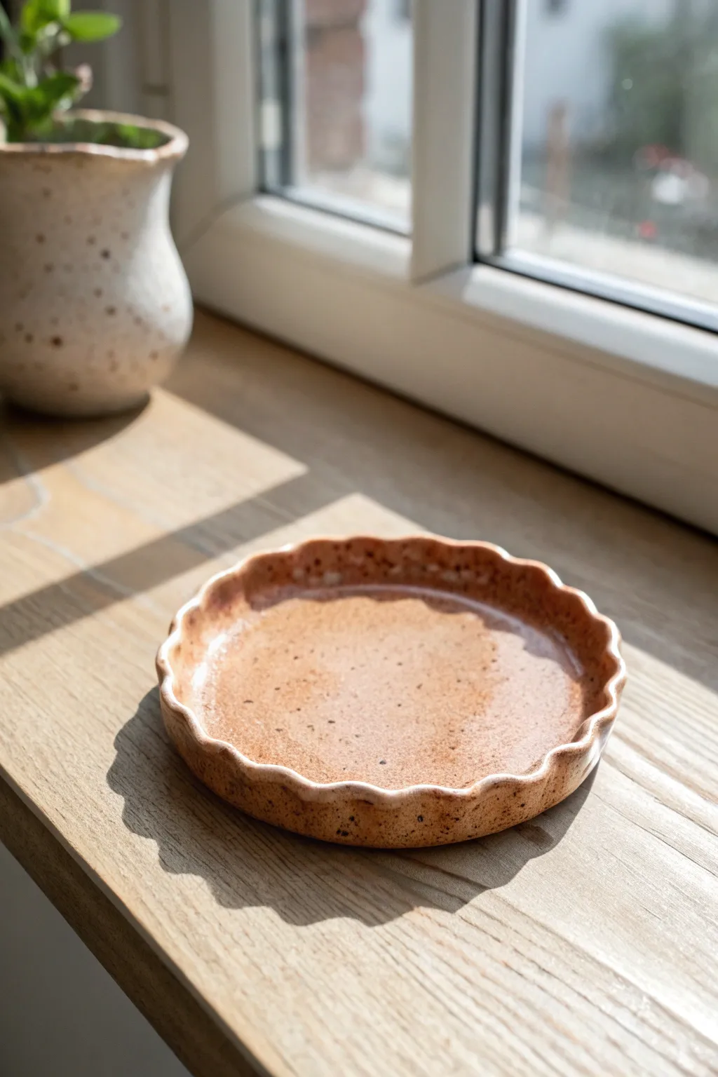 Soft-edged organic clay coaster in warm terracotta tones, minimal styling and crisp contrast.