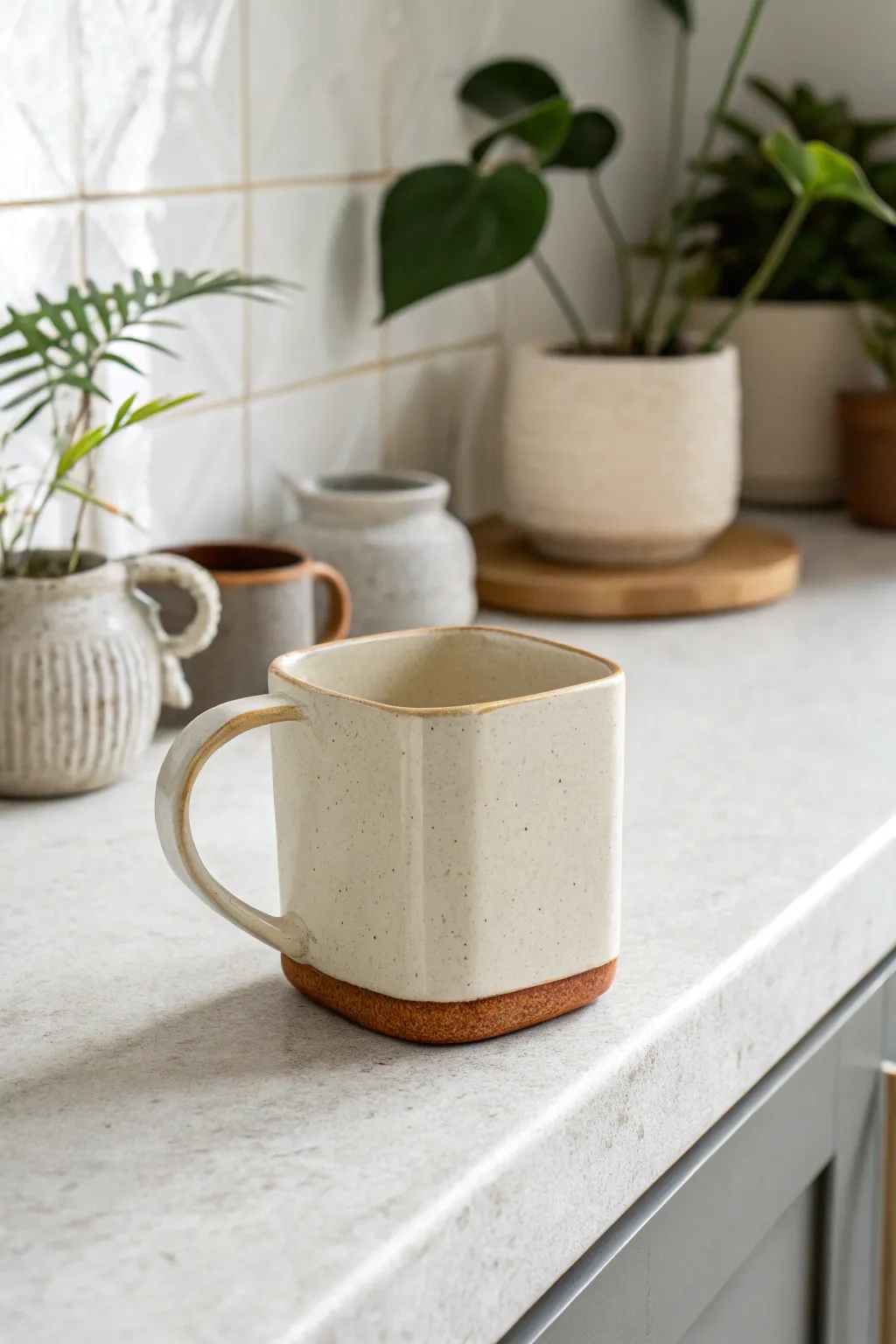 Slab-built square mug with soft corners, light glaze and raw edge for cozy minimalist mornings.