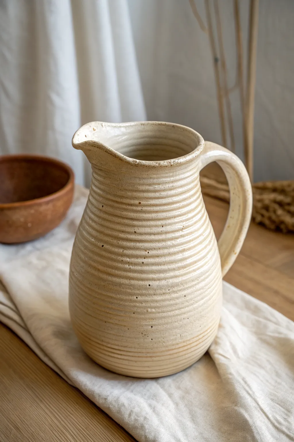 Minimal coil-built pitcher with a pinched spout, matte texture outside and glossy glaze inside