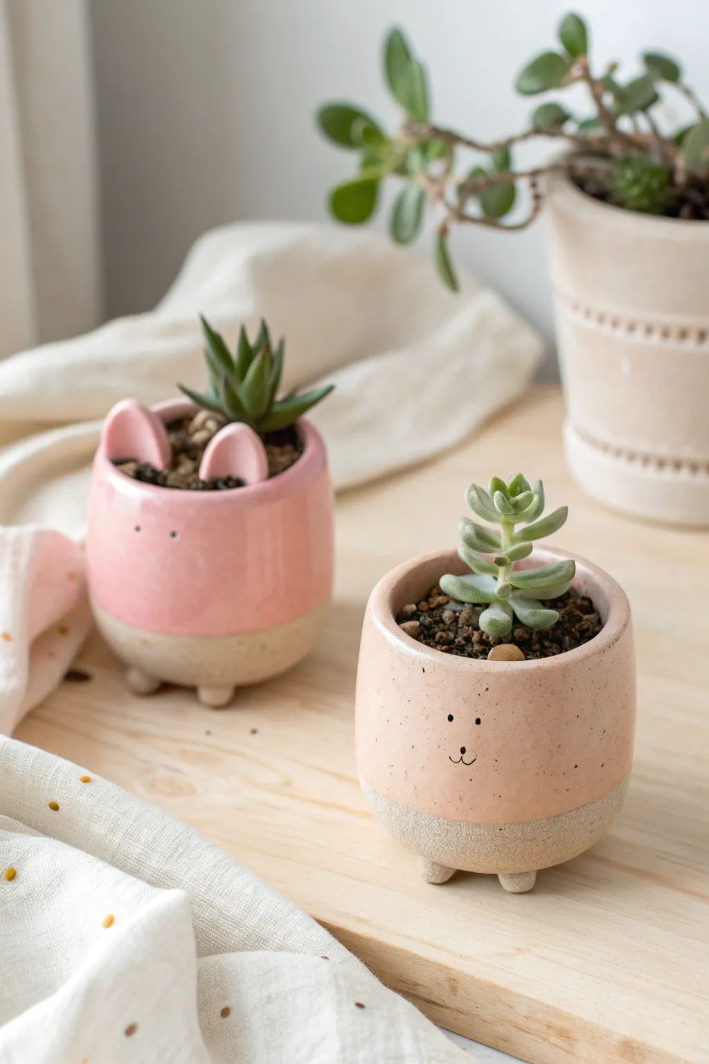 Two pastel animal clay containers with cute ears and a tiny tail, styled with mini succulents.