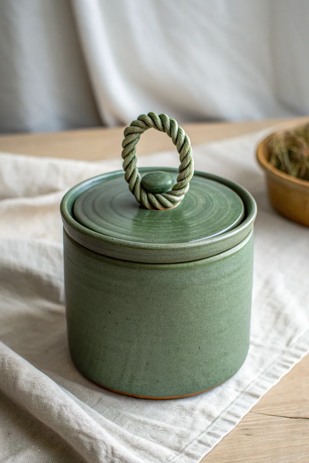 Deep green lidded jar with a twisted ribbon handle lid, a minimalist clay container idea
