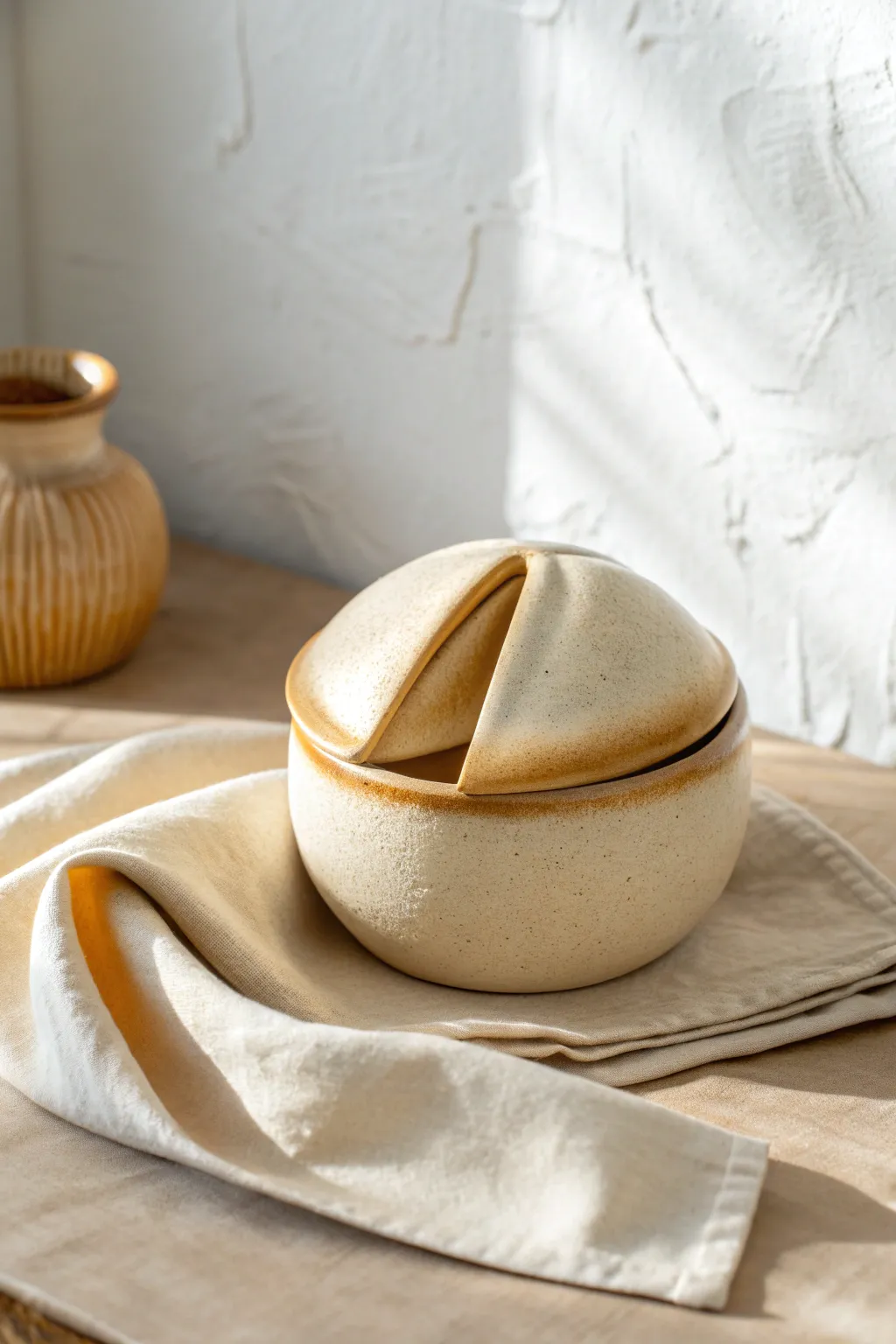Oversized fortune cookie jar in soft golden glaze, minimalist and cozy with toasted edges