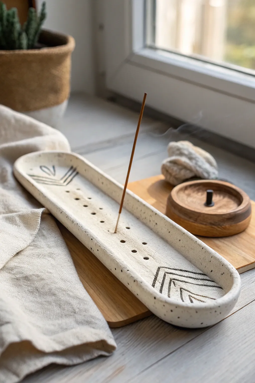 Carved and speckled clay incense holder in calm Scandinavian styling with a soft boho touch.