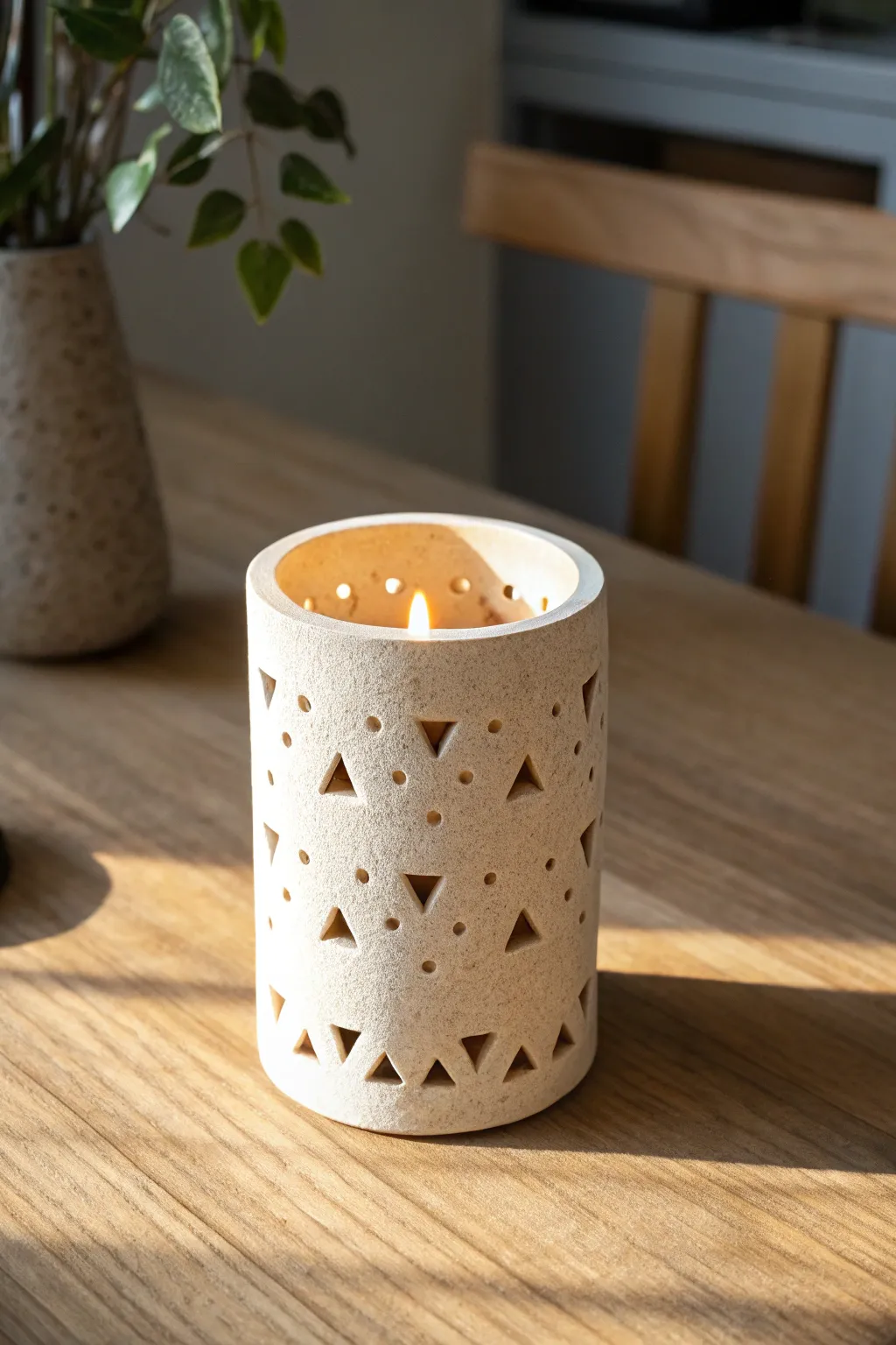 Minimal clay tea light holder with geometric cutouts casting cozy shadows on an oak table