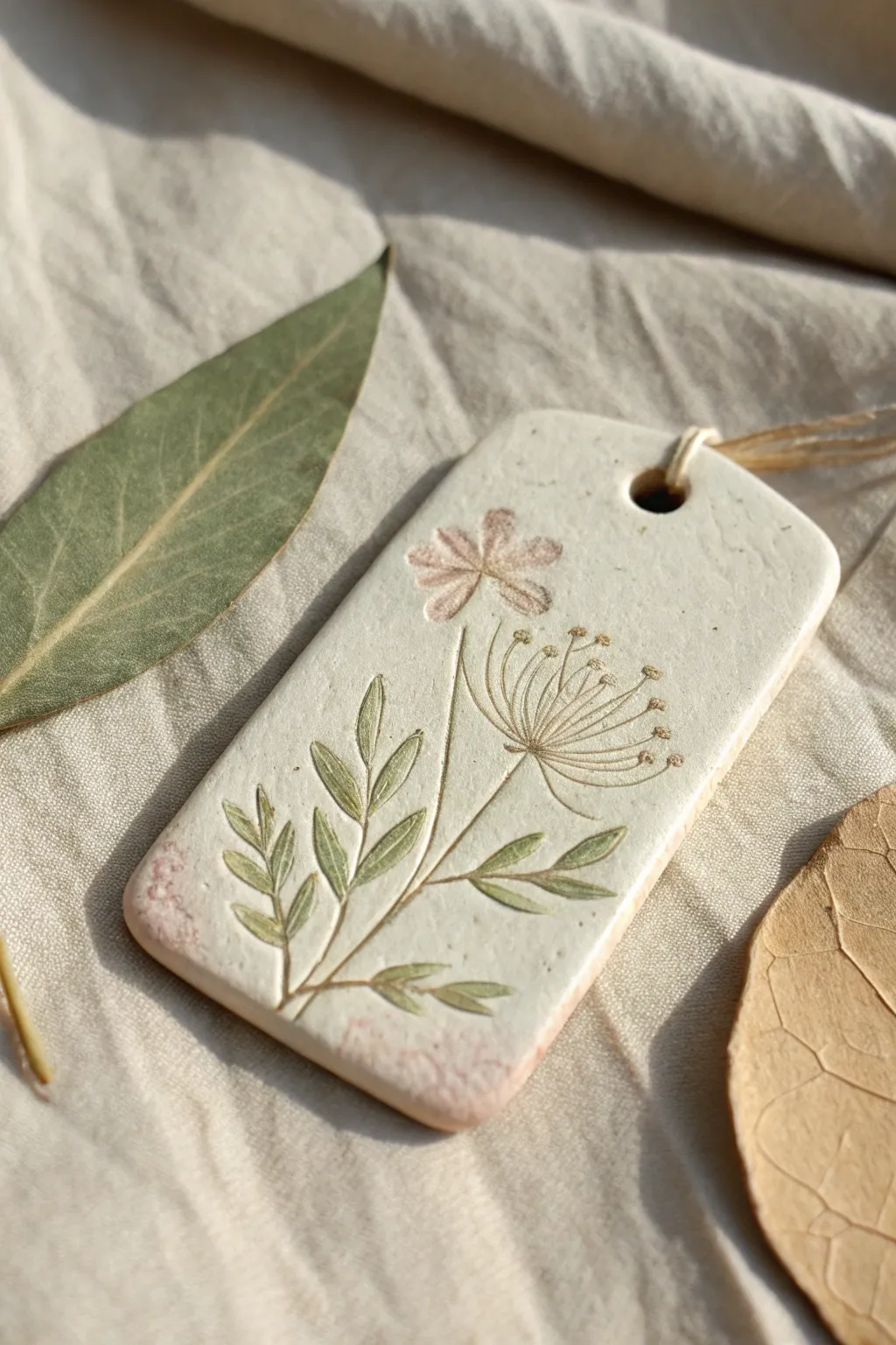 Soft clay nature print tag with leaf and flower impressions in gentle pastel, perfect kids craft.