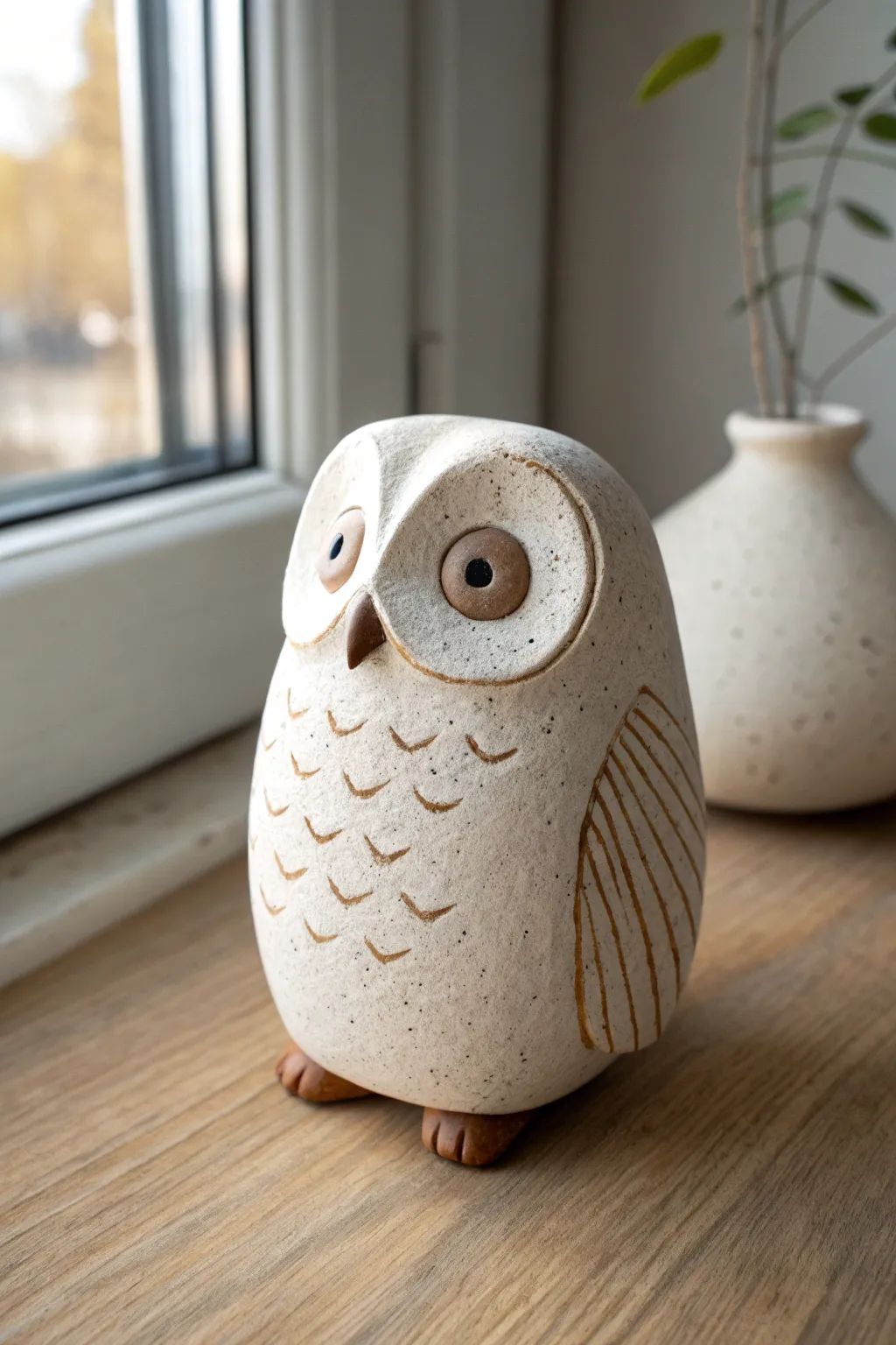 Minimalist clay owl with textured feathers, warm light, and soft Scandinavian-boho charm