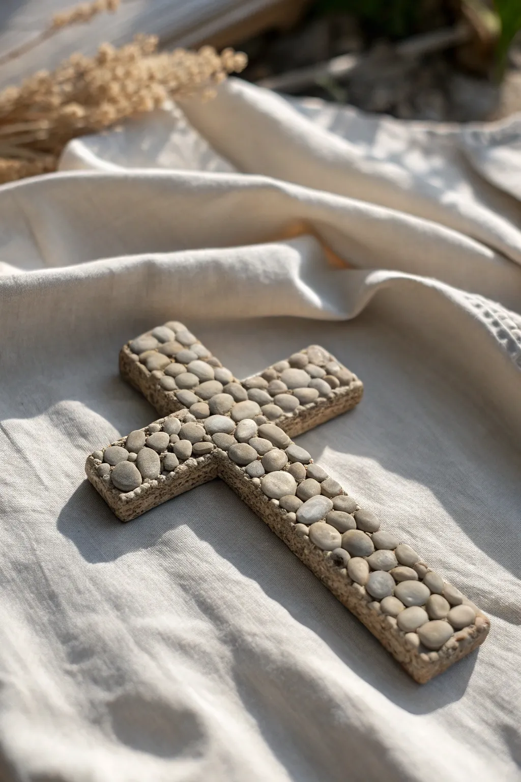 Pebbled stone-look clay cross in warm gray-beige on linen, calm minimalist boho mood.