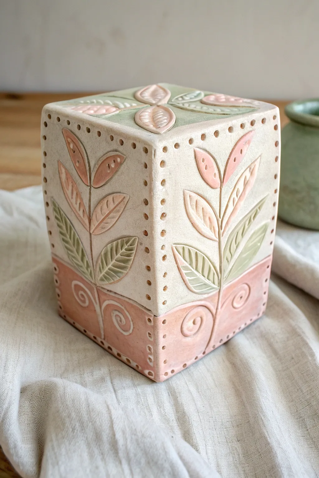 Slip-trailed frosted clay cube in soft pastels, minimalist and cozy with raised icing-like lines