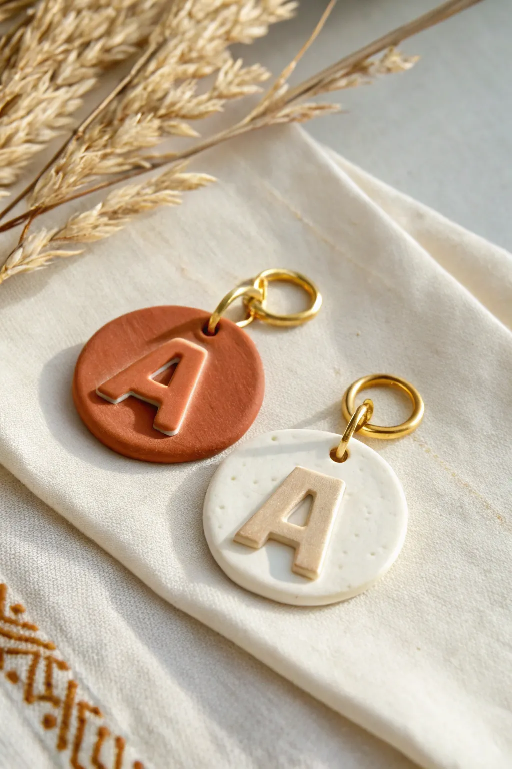 Simple clay initial charms in soft neutrals, a sweet keepsake idea for a cozy couple date.
