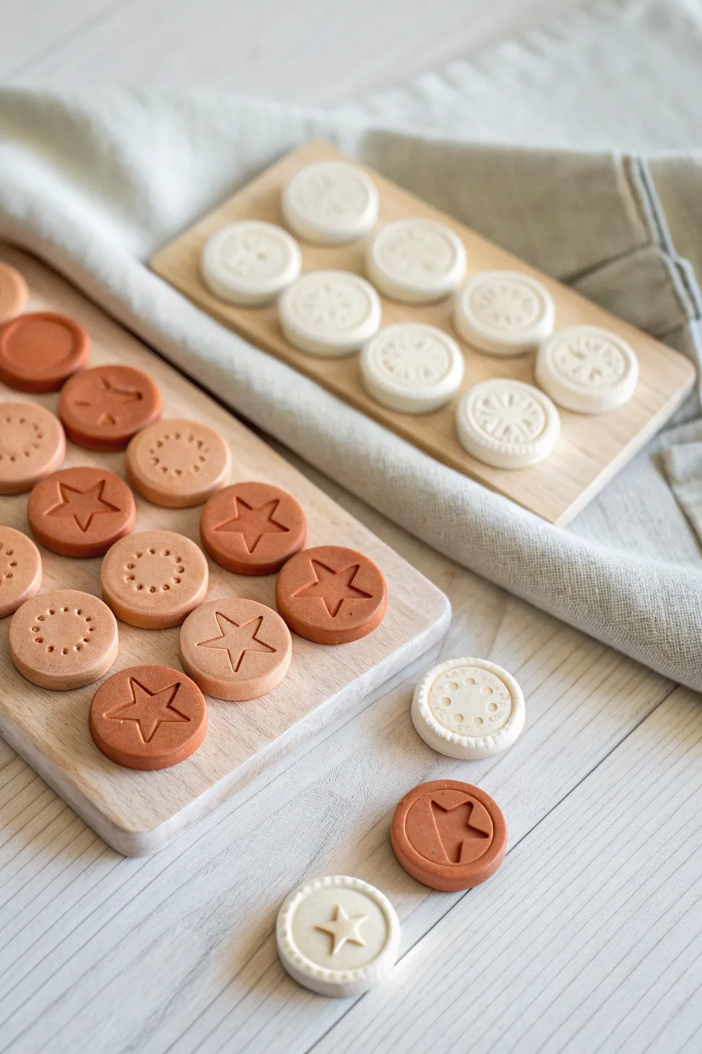 Minimal clay game tokens in two tones, custom icons for a cozy couples game-night date