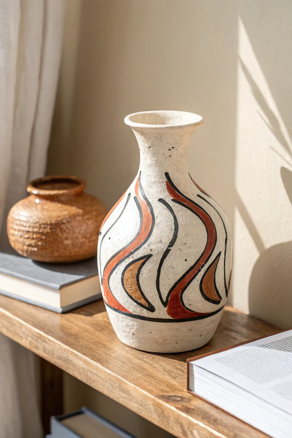 Abstract painted curves in black and terracotta turn a simple vase into modern clay decor.