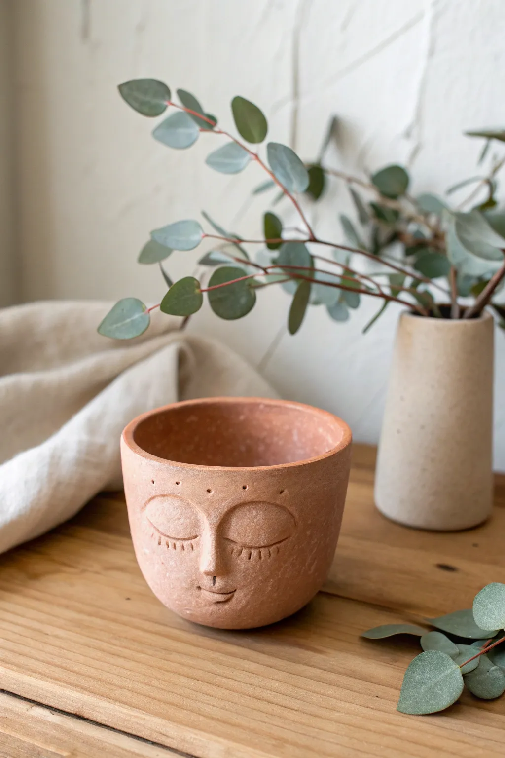 Easy face pinch pot desk cup in soft boho neutrals, a sweet handmade accent for pens or sprouts.