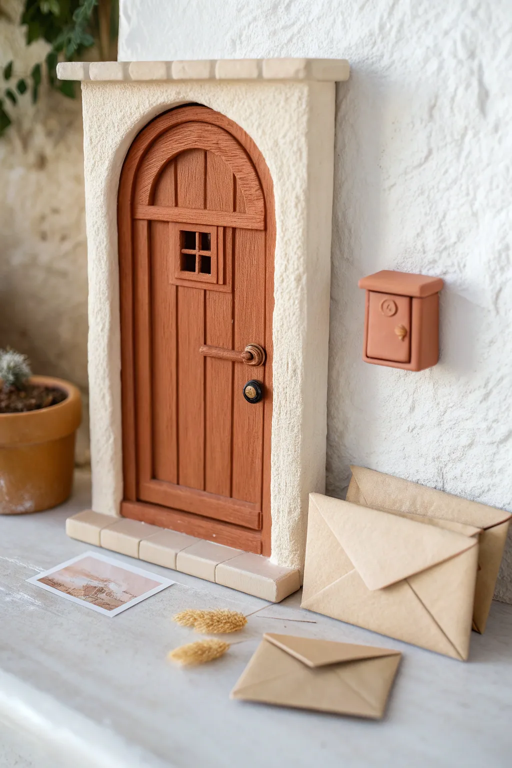 Tiny clay door with slim mail slot and mini mailbox, minimalist boho charm in warm neutrals