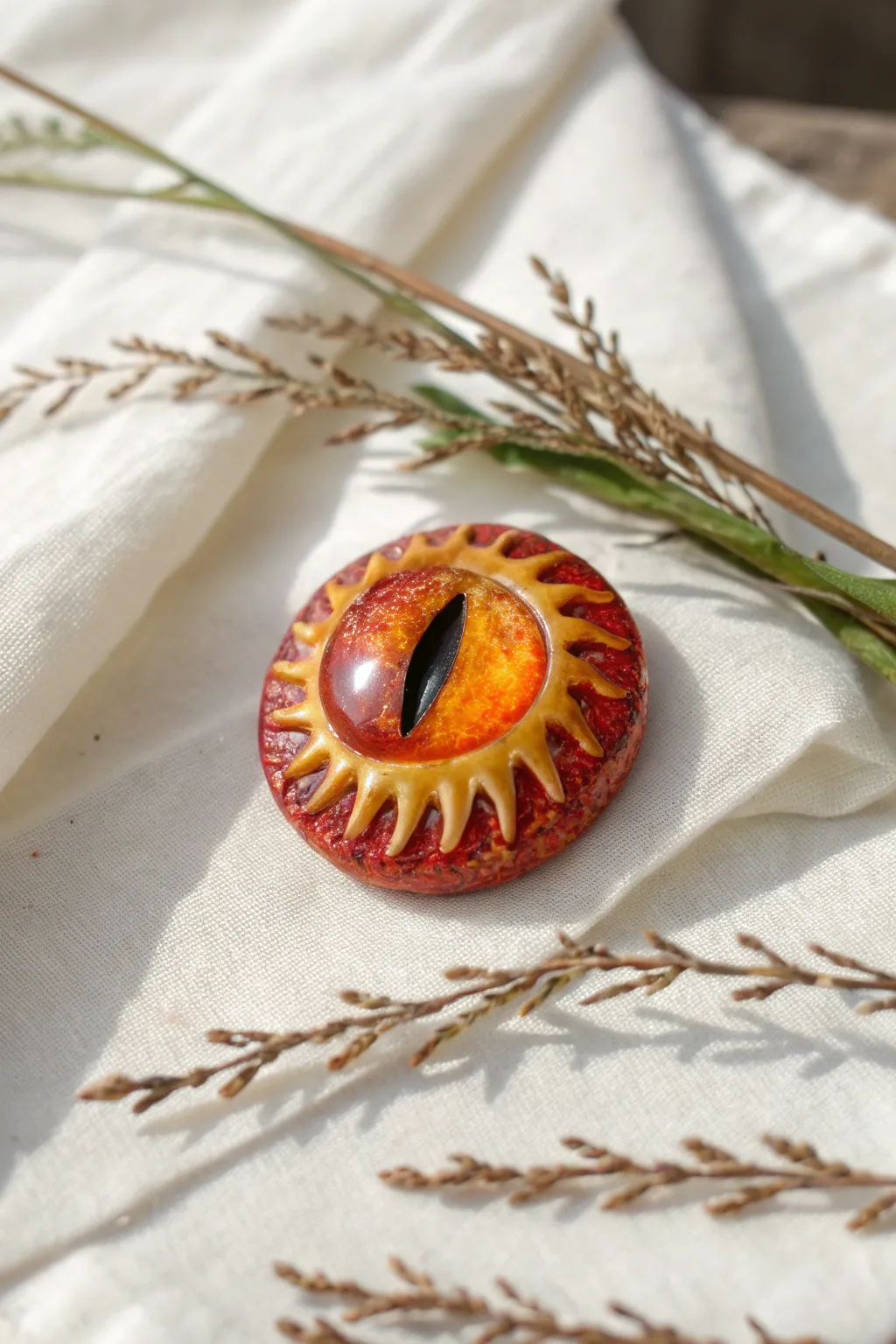 Heat-lit clay dragon eye with flame ridges in red-orange-gold, minimalist boho and bold contrast